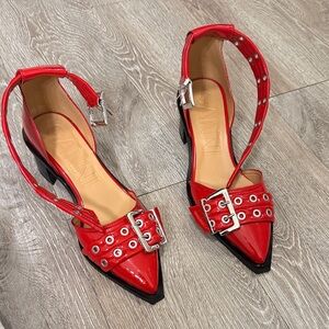 Ganni Red Patent Buckle Heels